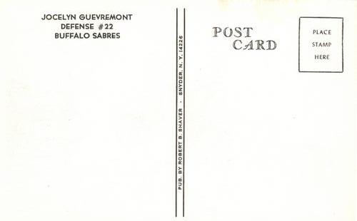 1974-75 Buffalo Sabres Postcards #NNO Jocelyn Guevremont Back