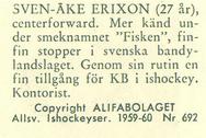 1959-60 Alfa Ishockey (Swedish) #692 Sven-Ake Erixon Back