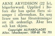 1959-60 Alfa Ishockey (Swedish) #701 Arne Arvidsson Back