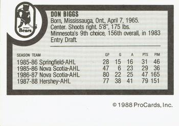 1988-89 ProCards Hershey Bears (AHL) #NNO Don Biggs Back