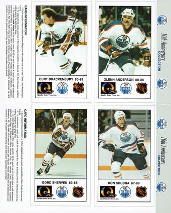 1988-89 Edmonton Oilers Action Magazine Tenth Anniversary Commemerative - Four-Card Panels #9-12 Glenn Anderson / Curt Brackenbury / Ron Shudra / Gord Sherven Front