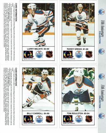 1988-89 Edmonton Oilers Action Magazine Tenth Anniversary Commemerative - Four-Card Panels #13-16 Randy Gregg / Larry Melnyk / Tom Roulston / Billy Carroll Front
