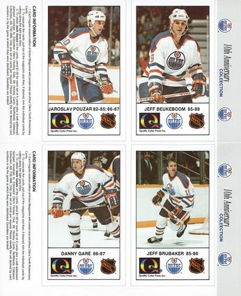 1988-89 Edmonton Oilers Action Magazine Tenth Anniversary Commemerative - Four-Card Panels #17-20 Jeff Beukeboom / Jaroslav Pouzar / Jeff Brubaker / Danny Gare Front
