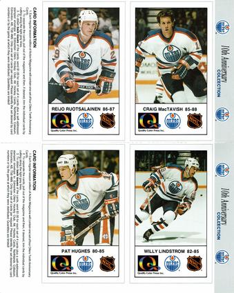 1988-89 Edmonton Oilers Action Magazine Tenth Anniversary Commemerative - Four-Card Panels #21-24 Craig Mactavish / Reijo Ruotsalainen / Willy Lindstrom / Pat Hughes Front