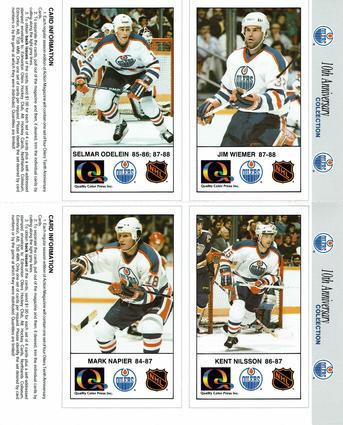 1988-89 Edmonton Oilers Action Magazine Tenth Anniversary Commemerative - Four-Card Panels #25-28 Jim Wiemer / Selmar Odelein / Kent Nilsson / Mark Napier Front