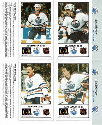 1988-89 Edmonton Oilers Action Magazine Tenth Anniversary Commemerative - Four-Card Panels #33-36 Craig Muni / Moe Mantha / Dave Lumley / Ron Low Front