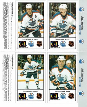 1988-89 Edmonton Oilers Action Magazine Tenth Anniversary Commemerative - Four-Card Panels #41-44 Jari Kurri / Lee Fogolin / Moe Lemay / Stu Kulak Front
