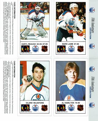 1988-89 Edmonton Oilers Action Magazine Tenth Anniversary Commemerative - Four-Card Panels #61-64 Mark Lamb / Daryl Reaugh / Al Hamilton / Paul Coffey Front