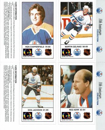 1988-89 Edmonton Oilers Action Magazine Tenth Anniversary Commemerative - Four-Card Panels #73-76 Martin Gelinas / Ron Chipperfield / Reg Kerr / Don Jackson Front