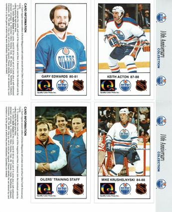 1988-89 Edmonton Oilers Action Magazine Tenth Anniversary Commemerative - Four-Card Panels #77-80 Keith Acton / Gary Edwards / Mike Krushelnyski / Oiler's Training Staff Front