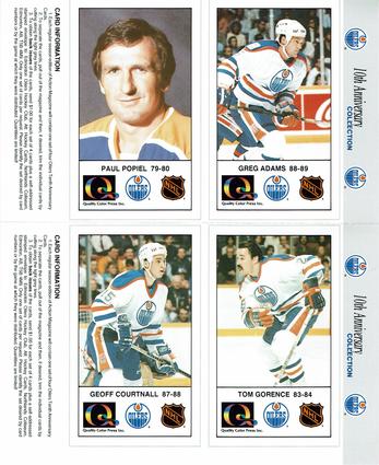 1988-89 Edmonton Oilers Action Magazine Tenth Anniversary Commemerative - Four-Card Panels #85-88 Greg C. Adams / Poul Popiel / Tom Gorence / Geoff Courtnall Front