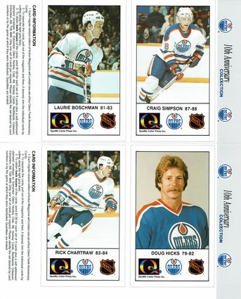 1988-89 Edmonton Oilers Action Magazine Tenth Anniversary Commemerative - Four-Card Panels #93-96 Craig Simpson / Laurie Boschman / Doug Hicks / Rick Chartraw Front