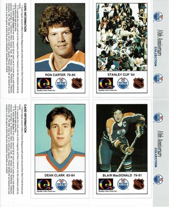 1988-89 Edmonton Oilers Action Magazine Tenth Anniversary Commemerative - Four-Card Panels #97-100 84 Cup Champions / Ron Carter / Blair MacDonald / Dean Clark Front