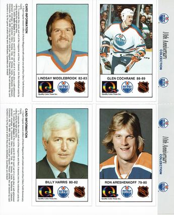 1988-89 Edmonton Oilers Action Magazine Tenth Anniversary Commemerative - Four-Card Panels #101-104 Glen Cochrane / Lindsay Middlebrook / Ron Areshenkoff / Billy Harris Front