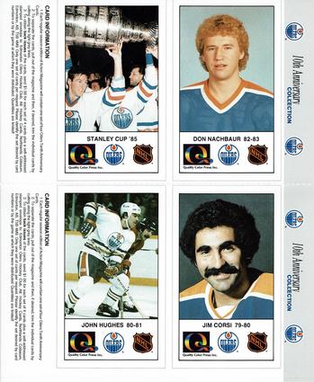 1988-89 Edmonton Oilers Action Magazine Tenth Anniversary Commemerative - Four-Card Panels #113-116 Don Nachbaur / 85 Cup Champions / Jim Corsi / John Hughes Front