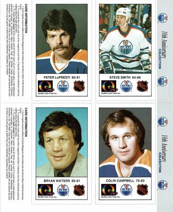 1988-89 Edmonton Oilers Action Magazine Tenth Anniversary Commemerative - Four-Card Panels #121-124 Steve Smith / Pete LoPresti / Colin Campbell / Bryan Watson Front