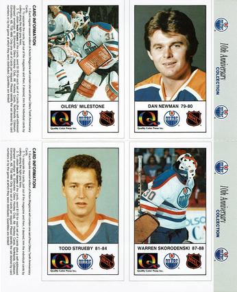 1988-89 Edmonton Oilers Action Magazine Tenth Anniversary Commemerative - Four-Card Panels #129-132 Dan Newman / Grant Fuhr / Warren Skorodenski / Todd Strueby Front