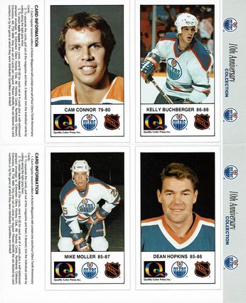 1988-89 Edmonton Oilers Action Magazine Tenth Anniversary Commemerative - Four-Card Panels #133-136 Kelly Buchberger / Cam Connor / Dean Hopkins / Mike Moller Front