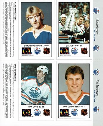 1988-89 Edmonton Oilers Action Magazine Tenth Anniversary Commemerative - Four-Card Panels #137-140 88 Cup Champions / Bryon Baltimore / Pat Conacher / Ray Cote Front