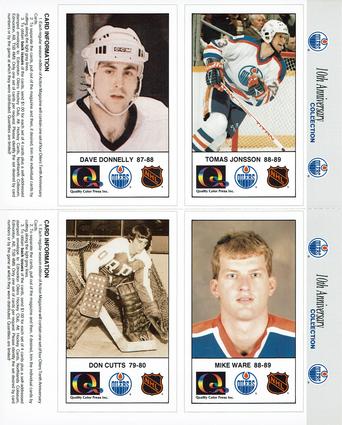 1988-89 Edmonton Oilers Action Magazine Tenth Anniversary Commemerative - Four-Card Panels #149-152 Tomas Jonsson / Dave Donnelly / Mike Ware / Don Cutts Front