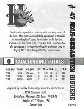 1995-96 Halifax Mooseheads (QMJHL) #2 Jean-Sebastien Giguere Back