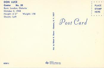 1971-72 Buffalo Sabres Postcards #82287-C Don Luce Back