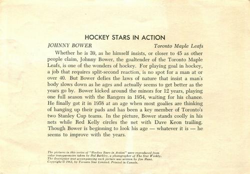 1963-64 Toronto Star Hockey Stars In Action #NNO Johnny Bower Back