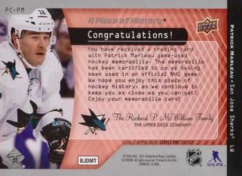 2016-17 Upper Deck - A Piece of History 1,000 Point Club #PC-PM Patrick Marleau Back