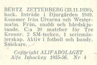 1955-56 Alfa Ishockey (Swedish) #4 Bertz Zetterberg Back