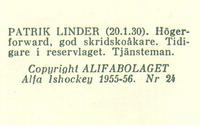 1955-56 Alfa Ishockey (Swedish) #24 Patrik Linder Back