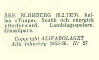 1955-56 Alfa Ishockey (Swedish) #27 Ake Blomberg Back