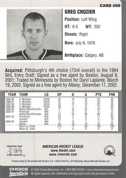 2003-04 Choice Albany River Rats (AHL) #8 Greg Crozier Back