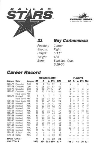 1996-97 Southwest Airlines Dallas Stars Postcards #NNO Guy Carbonneau Back