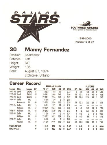 1999-00 Southwest Dallas Stars #5 Manny Fernandez Back