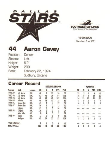1999-00 Southwest Dallas Stars #6 Aaron Gavey Back