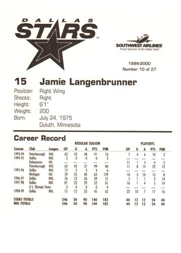 1999-00 Southwest Dallas Stars #10 Jamie Langenbrunner Back