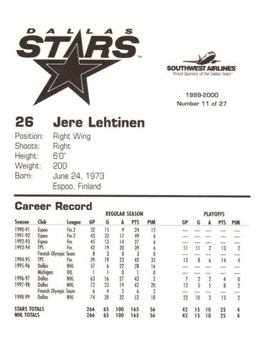 1999-00 Southwest Dallas Stars #11 Jere Lehtinen Back