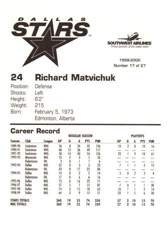 1999-00 Southwest Dallas Stars #17 Richard Matvichuk Back
