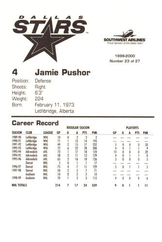 1999-00 Southwest Dallas Stars #23 Jamie Pushor Back
