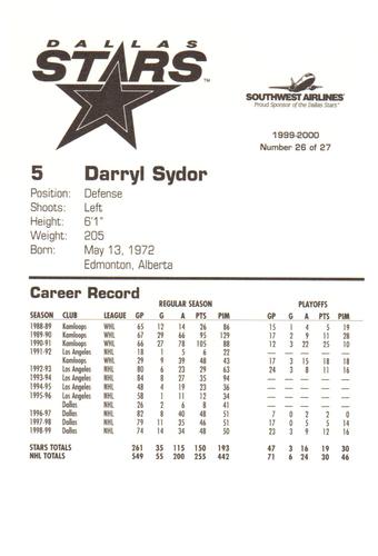 1999-00 Southwest Dallas Stars #26 Darryl Sydor Back