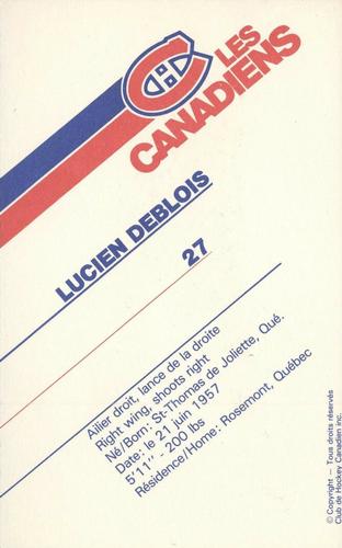 1985-86 Montreal Canadiens Postcards #NNO Lucien Deblois Back