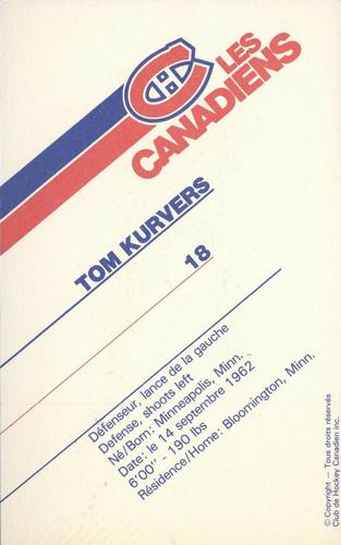 1985-86 Montreal Canadiens Postcards #NNO Tom Kurvers Back