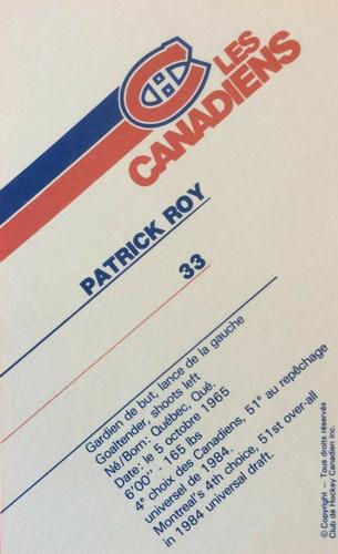 1985-86 Montreal Canadiens Postcards #NNO Patrick Roy Back