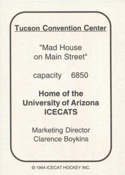 1994-95 Arizona Icecats (ACHA) #NNO Tuscon Convention Center Back