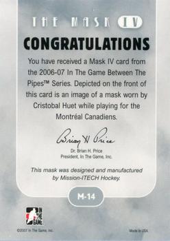 2015-16 In The Game Final Vault - 2006-07 In The Game Between The Pipes The Mask IV  (Green Vault Stamp) #M-14 Cristobal Huet Back