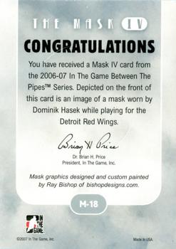 2015-16 In The Game Final Vault - 2006-07 In The Game Between The Pipes The Mask IV  (Green Vault Stamp) #M-18 Dominik Hasek Back