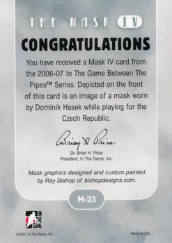 2015-16 In The Game Final Vault - 2006-07 In The Game Between The Pipes The Mask IV  (Green Vault Stamp) #M-23 Dominik Hasek Back