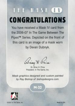 2015-16 In The Game Final Vault - 2006-07 In The Game Between The Pipes The Mask IV  (Green Vault Stamp) #M-32 Devan Dubnyk Back
