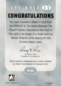2015-16 In The Game Final Vault - 2006-07 In The Game Between The Pipes - The Mask IV (Green Vault Stamp) #M-33 Mikael Tellqvist Back