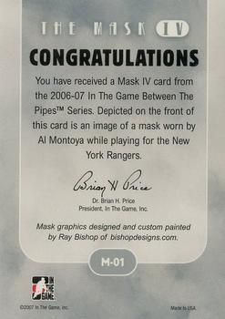 2015-16 In The Game Final Vault - 2006-07 In The Game Between The Pipes - The Mask IV (Silver Vault Stamp) #M-01 Al Montoya Back